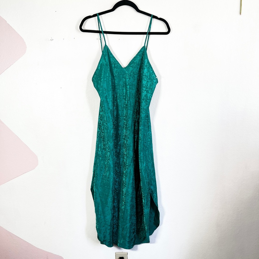 Vintage 90s Floral Satin Slip Dress‎ Sz Large Green Nightgown
